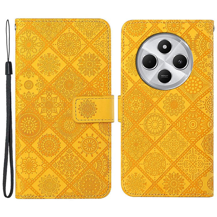 For Xiaomi Poco C75 4G / Redmi 14R 5G / 14C 4G Leather Case Ethnic Style Phone Wallet Cover with Strap - Yellow