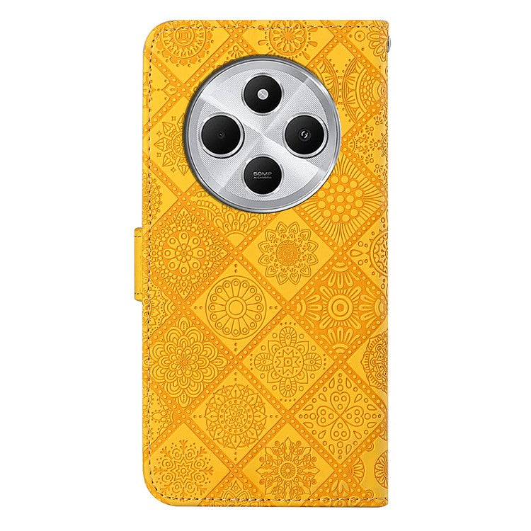 For Xiaomi Poco C75 4G / Redmi 14R 5G / 14C 4G Leather Case Ethnic Style Phone Wallet Cover with Strap - Yellow