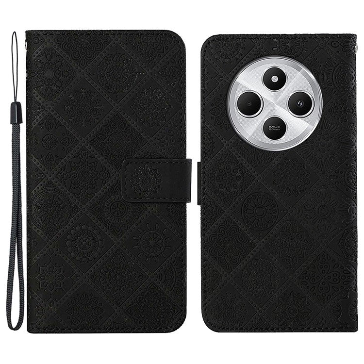 For Xiaomi Poco C75 4G / Redmi 14R 5G / 14C 4G Leather Case Ethnic Style Phone Wallet Cover with Strap - Black