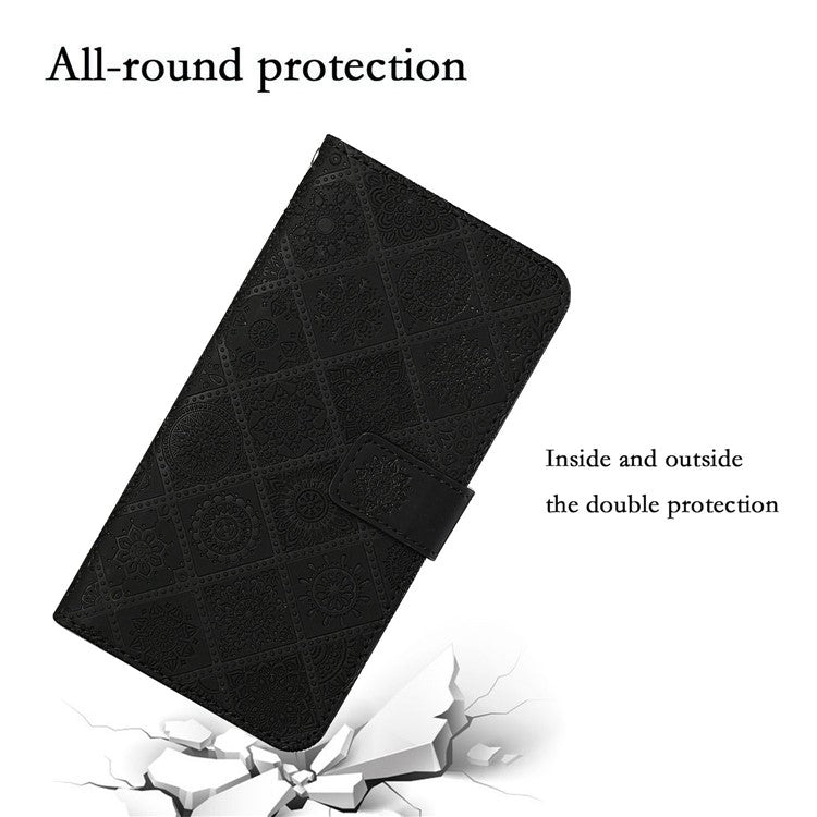 For Xiaomi Poco C75 4G / Redmi 14R 5G / 14C 4G Leather Case Ethnic Style Phone Wallet Cover with Strap - Black