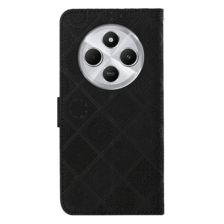 For Xiaomi Poco C75 4G / Redmi 14R 5G / 14C 4G Leather Case Ethnic Style Phone Wallet Cover with Strap - Black