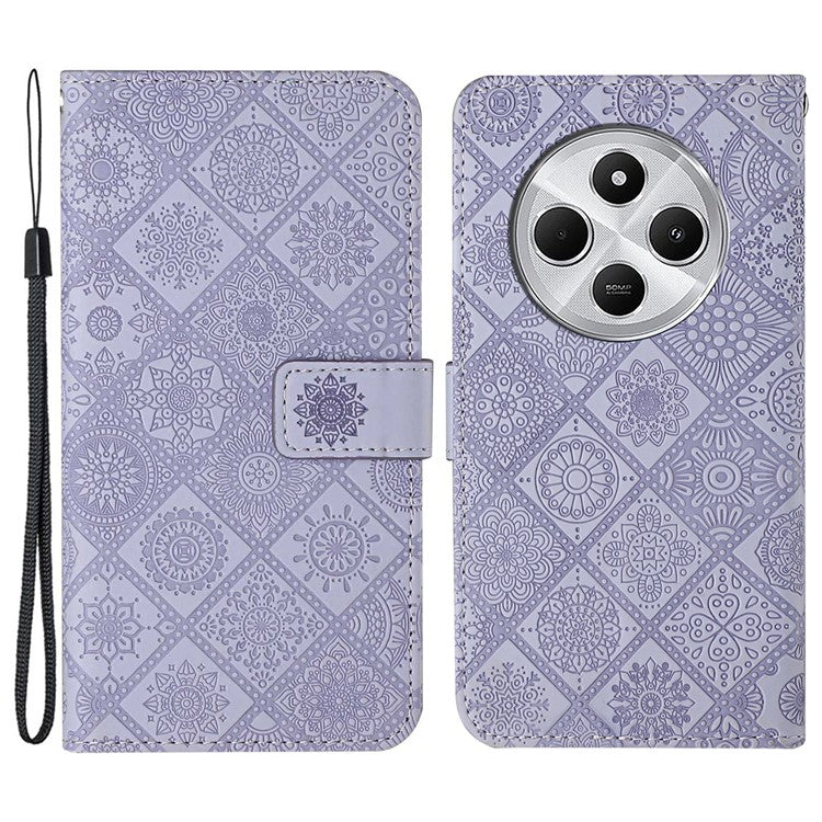 For Xiaomi Poco C75 4G / Redmi 14R 5G / 14C 4G Leather Case Ethnic Style Phone Wallet Cover with Strap - Purple