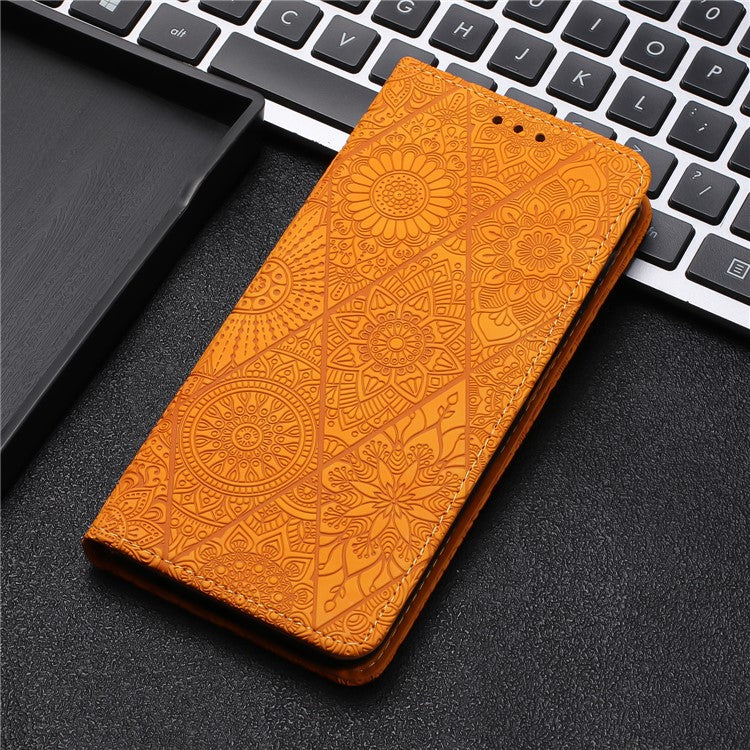 For Xiaomi Poco C75 4G / Redmi 14R 5G / 14C 4G Case Imprinted Flower Wallet Stand Leather Phone Cover - Yellow