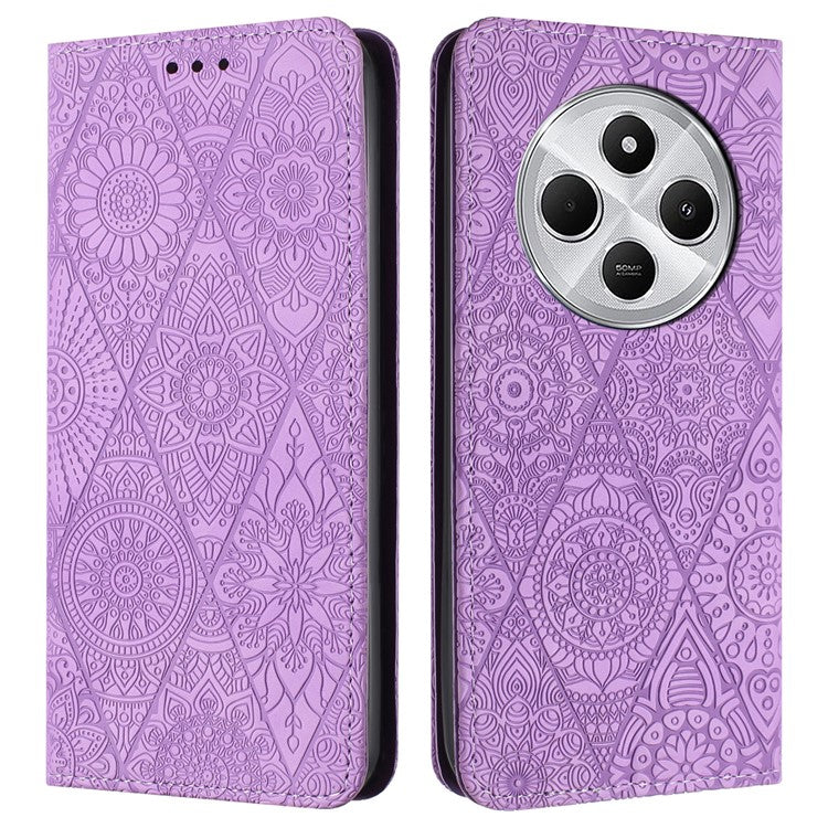 For Xiaomi Poco C75 4G / Redmi 14R 5G / 14C 4G Case Imprinted Flower Wallet Stand Leather Phone Cover - Purple