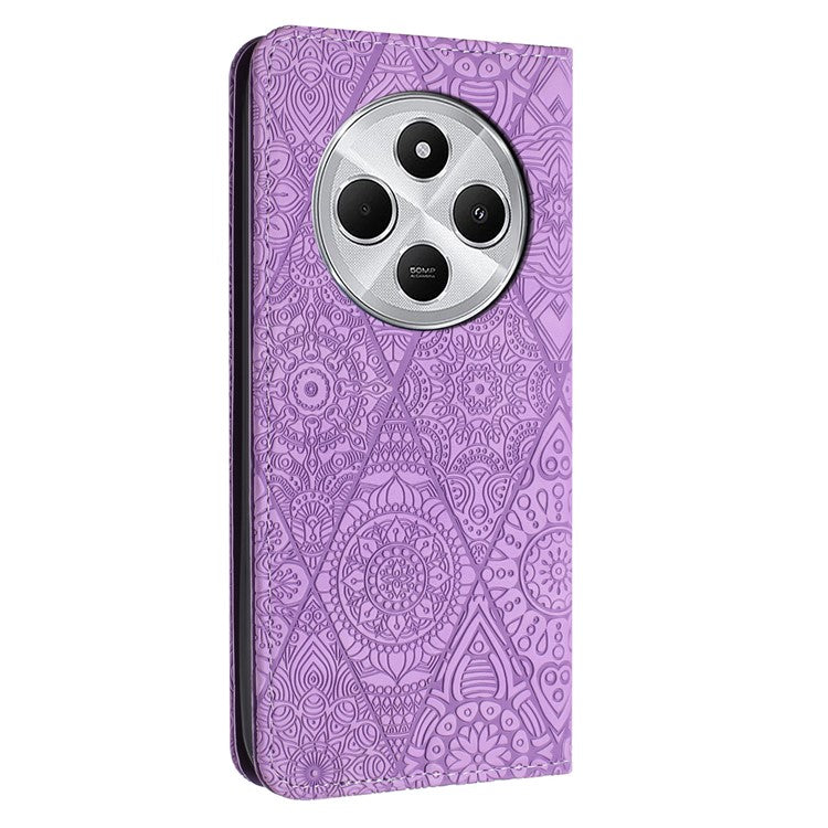 For Xiaomi Poco C75 4G / Redmi 14R 5G / 14C 4G Case Imprinted Flower Wallet Stand Leather Phone Cover - Purple