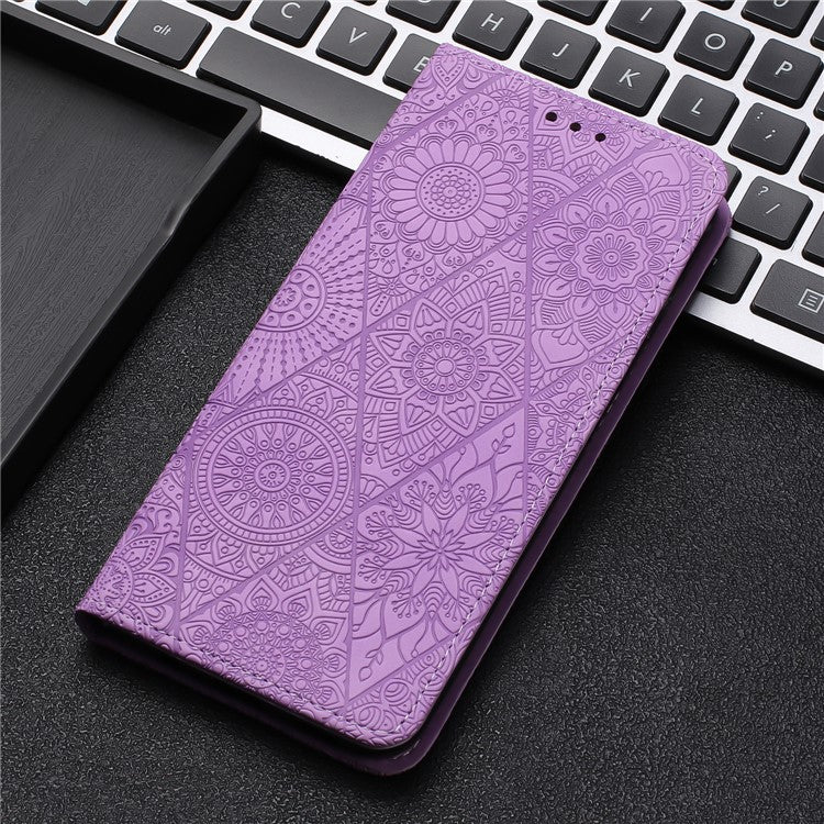 For Xiaomi Poco C75 4G / Redmi 14R 5G / 14C 4G Case Imprinted Flower Wallet Stand Leather Phone Cover - Purple