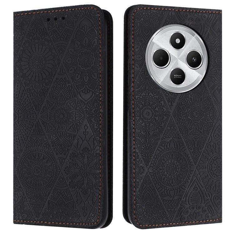 For Xiaomi Poco C75 4G / Redmi 14R 5G / 14C 4G Case Imprinted Flower Wallet Stand Leather Phone Cover - Black