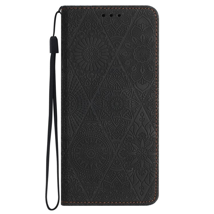 For Xiaomi Poco C75 4G / Redmi 14R 5G / 14C 4G Case Imprinted Flower Wallet Stand Leather Phone Cover - Black