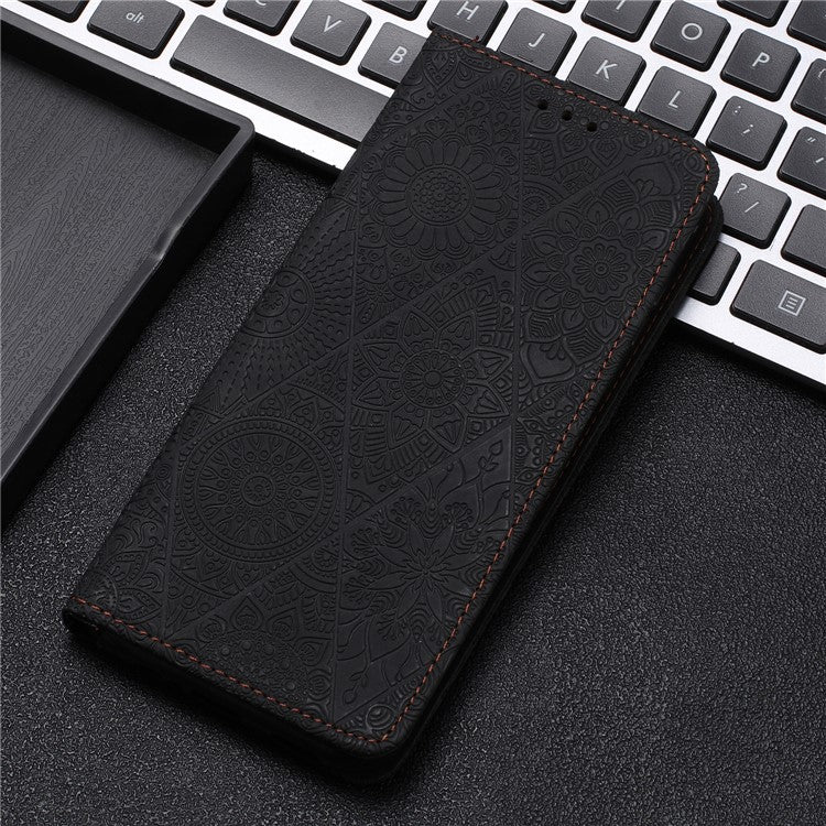 For Xiaomi Poco C75 4G / Redmi 14R 5G / 14C 4G Case Imprinted Flower Wallet Stand Leather Phone Cover - Black