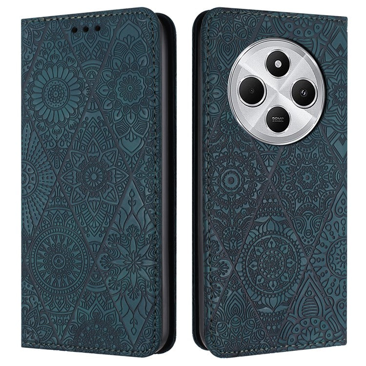 For Xiaomi Poco C75 4G / Redmi 14R 5G / 14C 4G Case Imprinted Flower Wallet Stand Leather Phone Cover - Blue