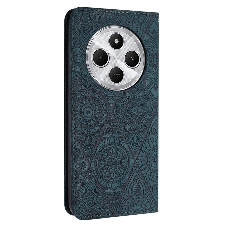 For Xiaomi Poco C75 4G / Redmi 14R 5G / 14C 4G Case Imprinted Flower Wallet Stand Leather Phone Cover - Blue