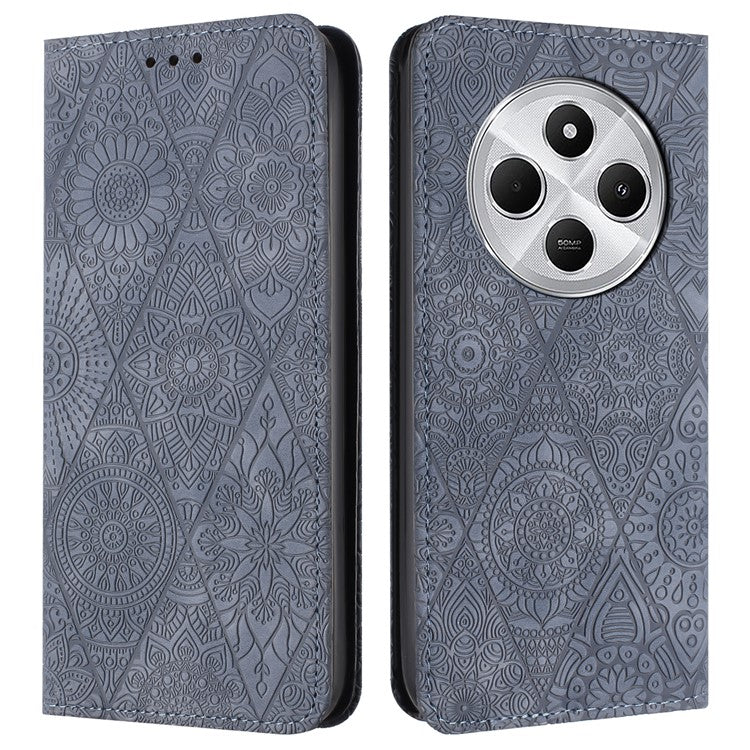 For Xiaomi Poco C75 4G / Redmi 14R 5G / 14C 4G Case Imprinted Flower Wallet Stand Leather Phone Cover - Grey