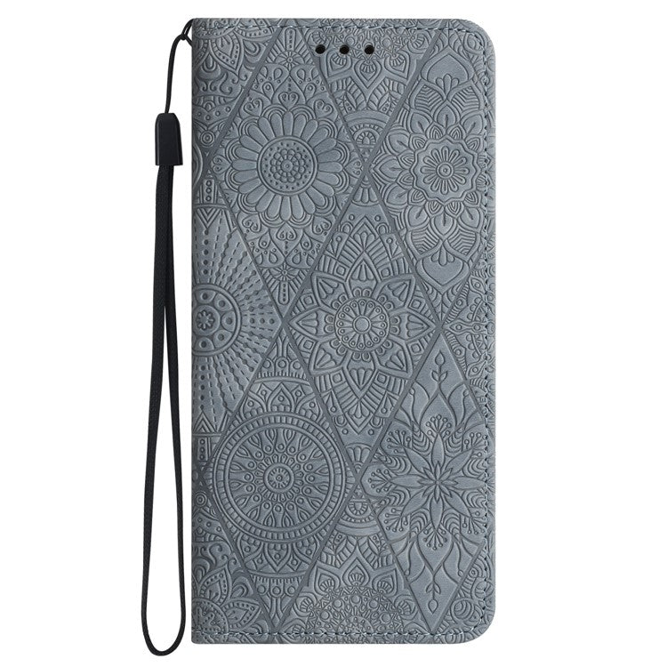 For Xiaomi Poco C75 4G / Redmi 14R 5G / 14C 4G Case Imprinted Flower Wallet Stand Leather Phone Cover - Grey