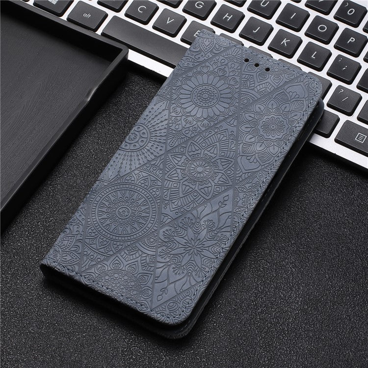 For Xiaomi Poco C75 4G / Redmi 14R 5G / 14C 4G Case Imprinted Flower Wallet Stand Leather Phone Cover - Grey