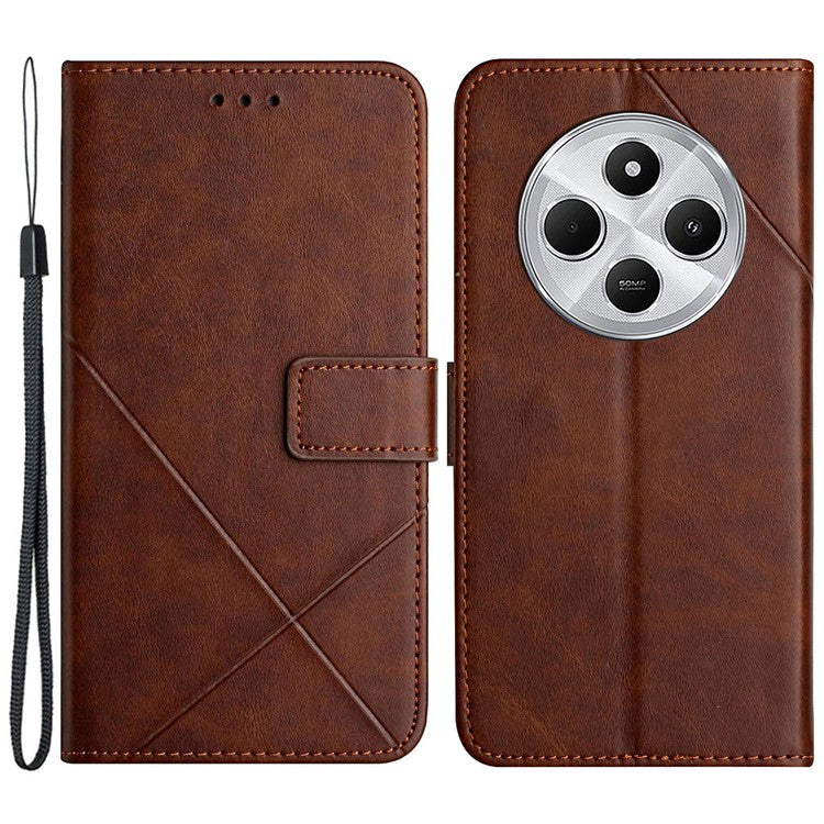 For Xiaomi Poco C75 4G / Redmi 14R 5G / 14C 4G Leather Case Line Pattern Wallet Phone Cover - Brown