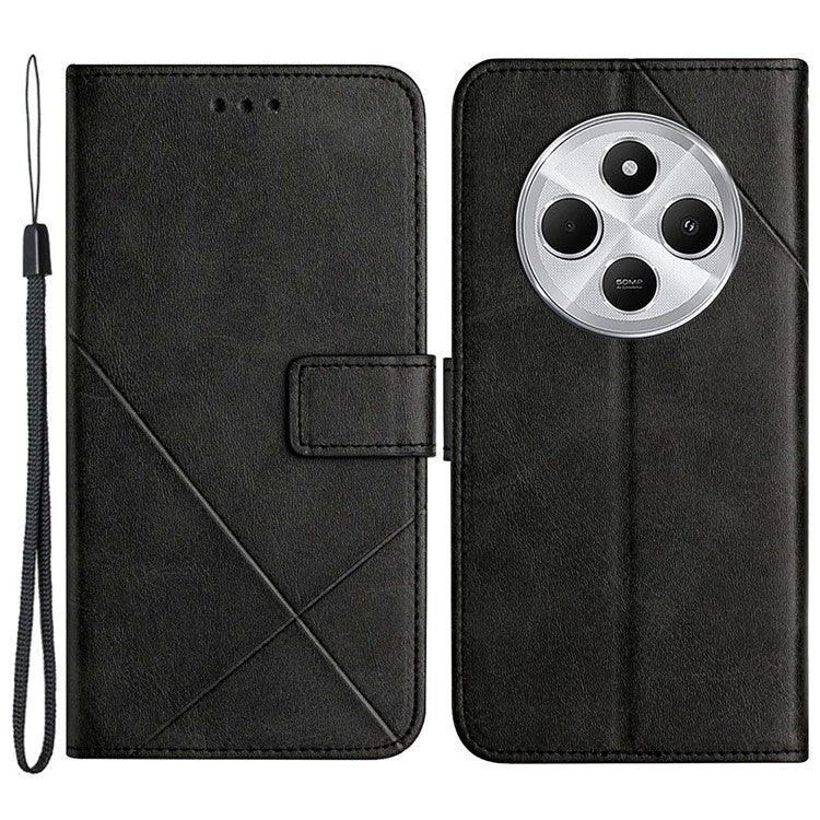 For Xiaomi Poco C75 4G / Redmi 14R 5G / 14C 4G Leather Case Line Pattern Wallet Phone Cover - Black