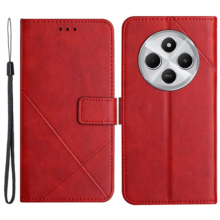 For Xiaomi Poco C75 4G / Redmi 14R 5G / 14C 4G Leather Case Line Pattern Wallet Phone Cover - Red