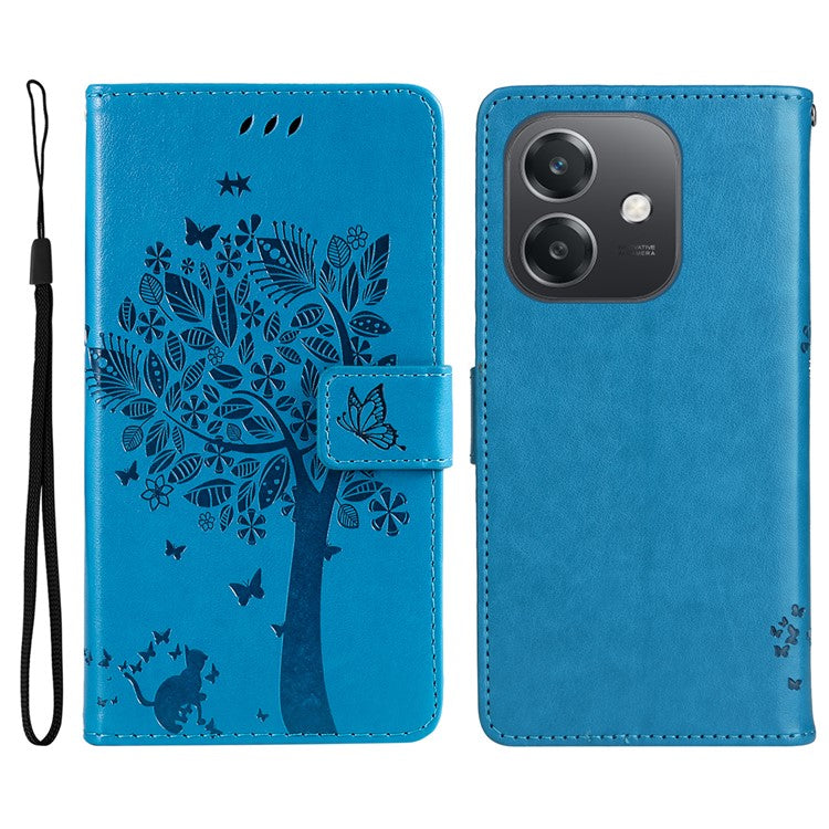 KT Imprinting Flower Series-3 For Oppo A3x 4G / 5G (India) / A3 4G / 5G / A60 5G / A40 4G / A40M 4G Case Cat Tree Pattern Flip Leather Phone Cover - Blue