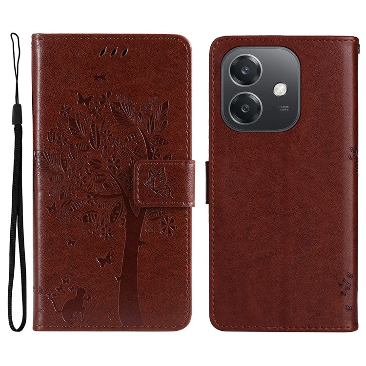 KT Imprinting Flower Series-3 For Oppo A3x 4G / 5G (India) / A3 4G / 5G / A60 5G / A40 4G / A40M 4G Case Cat Tree Pattern Flip Leather Phone Cover - Coffee