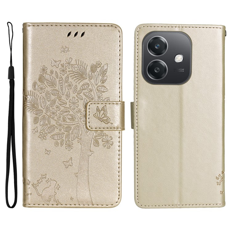 KT Imprinting Flower Series-3 For Oppo A3x 4G / 5G (India) / A3 4G / 5G / A60 5G / A40 4G / A40M 4G Case Cat Tree Pattern Flip Leather Phone Cover - Gold