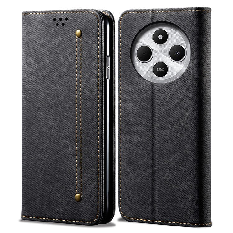 For Xiaomi Poco C75 4G / Redmi 14R 5G / 14C 4G Case Jeans Cloth Texture Anti-Scratch Leather Stand Phone Cover - Black