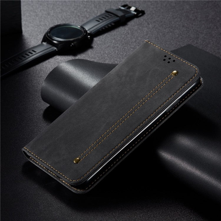 For Xiaomi Poco C75 4G / Redmi 14R 5G / 14C 4G Case Jeans Cloth Texture Anti-Scratch Leather Stand Phone Cover - Black