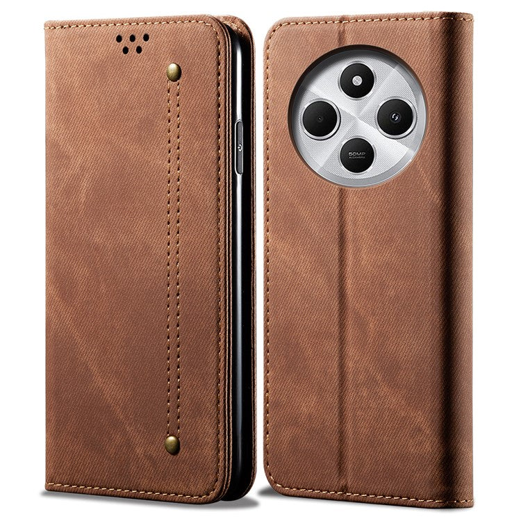 For Xiaomi Poco C75 4G / Redmi 14R 5G / 14C 4G Case Jeans Cloth Texture Anti-Scratch Leather Stand Phone Cover - Coffee