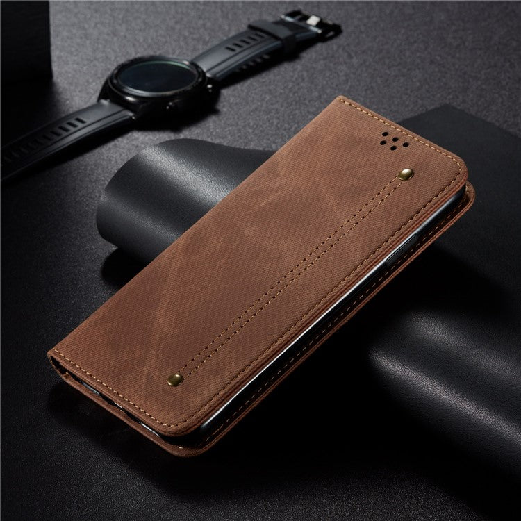 For Xiaomi Poco C75 4G / Redmi 14R 5G / 14C 4G Case Jeans Cloth Texture Anti-Scratch Leather Stand Phone Cover - Coffee