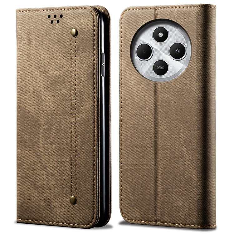 For Xiaomi Poco C75 4G / Redmi 14R 5G / 14C 4G Case Jeans Cloth Texture Anti-Scratch Leather Stand Phone Cover - Khaki