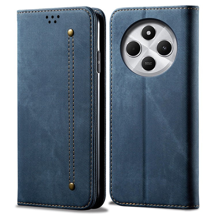 For Xiaomi Poco C75 4G / Redmi 14R 5G / 14C 4G Case Jeans Cloth Texture Anti-Scratch Leather Stand Phone Cover - Blue