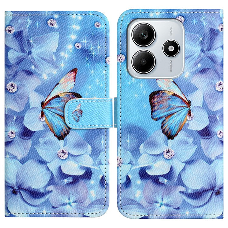 For Xiaomi Redmi Note 14 5G Case Pattern Print PU Leather Wallet Phone Cover Cross Texture - Flower and Butterfly