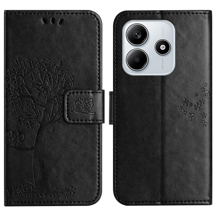 For Xiaomi Redmi Note 14 5G Case PU Leather Owl Tree Imprinted Wallet Phone Cover - Black