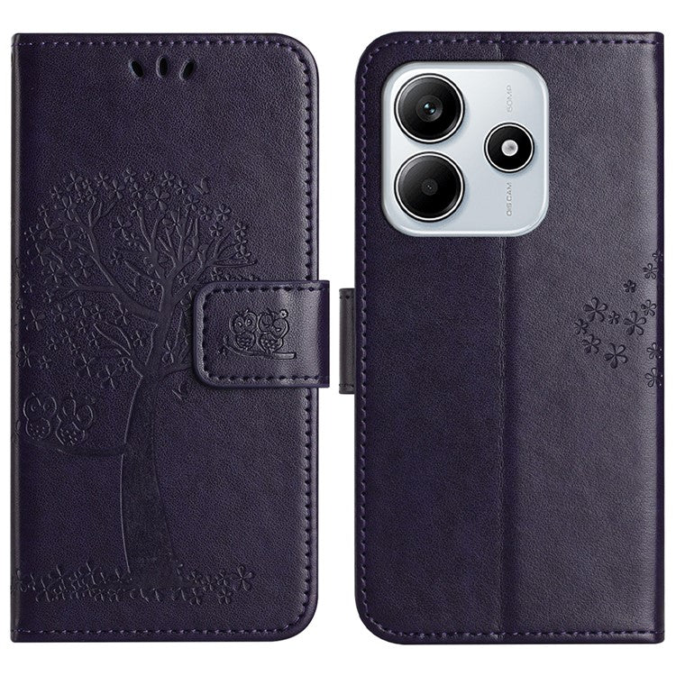 For Xiaomi Redmi Note 14 5G Case PU Leather Owl Tree Imprinted Wallet Phone Cover - Dark Purple