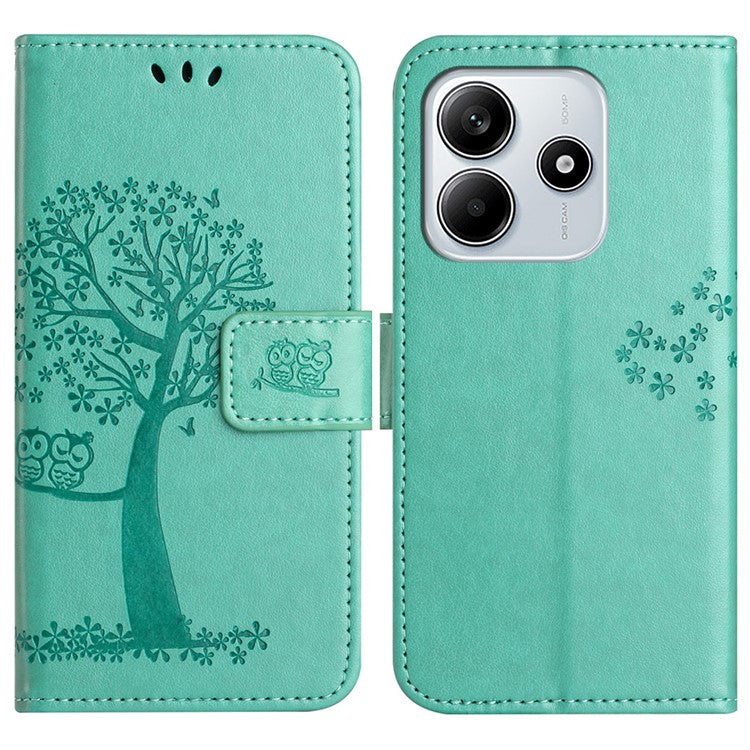 For Xiaomi Redmi Note 14 5G Case PU Leather Owl Tree Imprinted Wallet Phone Cover - Cyan