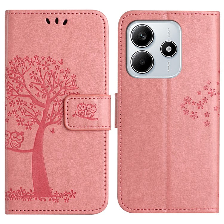 For Xiaomi Redmi Note 14 5G Case PU Leather Owl Tree Imprinted Wallet Phone Cover - Pink