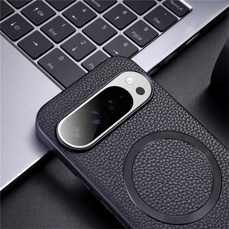 For Google Pixel 9 Pro / Pixel 9 Case Compatible with MagSafe Litchi Texture PU Leather+TPU Phone Cover - Black