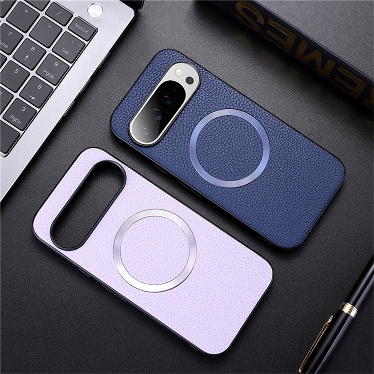 For Google Pixel 9 Pro / Pixel 9 Case Compatible with MagSafe Litchi Texture PU Leather+TPU Phone Cover - Black