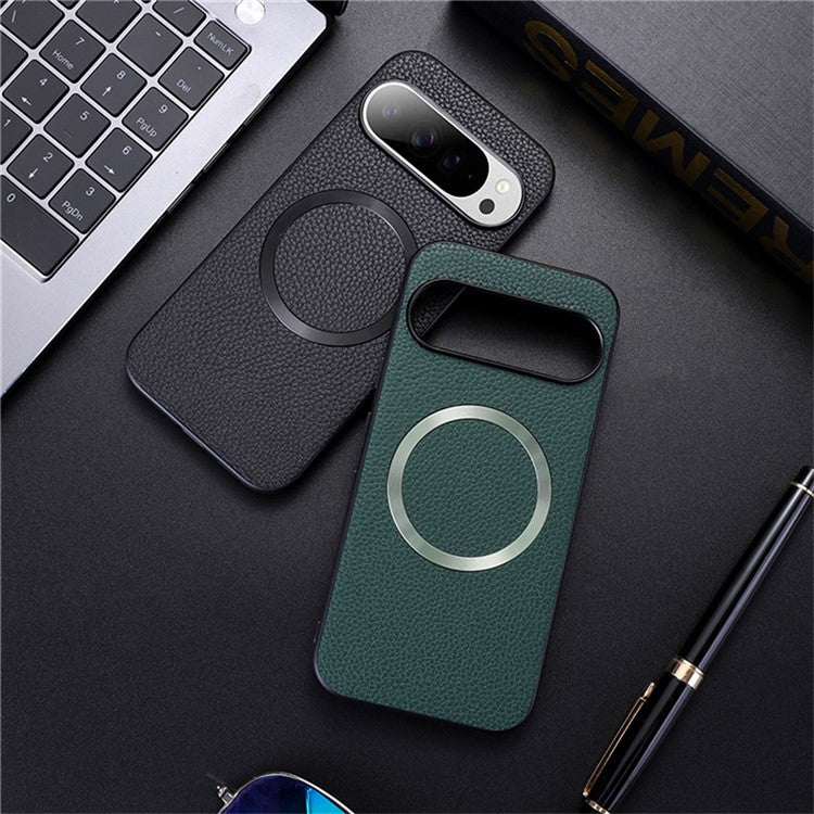 For Google Pixel 9 Pro / Pixel 9 Case Compatible with MagSafe Litchi Texture PU Leather+TPU Phone Cover - Black