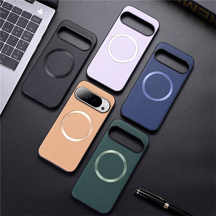 For Google Pixel 9 Pro / Pixel 9 Case Compatible with MagSafe Litchi Texture PU Leather+TPU Phone Cover - Black