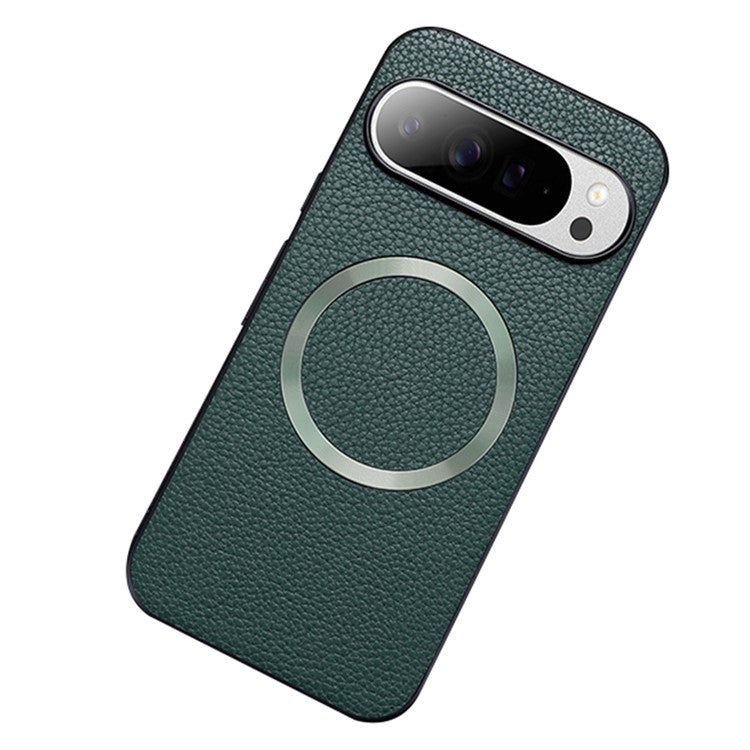 For Google Pixel 9 Pro / Pixel 9 Case Compatible with MagSafe Litchi Texture PU Leather+TPU Phone Cover - Green