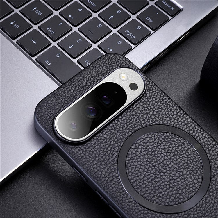 For Google Pixel 9 Pro / Pixel 9 Case Compatible with MagSafe Litchi Texture PU Leather+TPU Phone Cover - Green