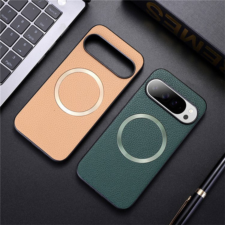 For Google Pixel 9 Pro / Pixel 9 Case Compatible with MagSafe Litchi Texture PU Leather+TPU Phone Cover - Green