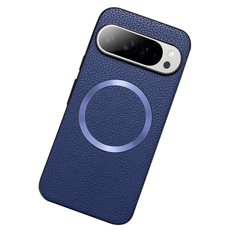 For Google Pixel 9 Pro / Pixel 9 Case Compatible with MagSafe Litchi Texture PU Leather+TPU Phone Cover - Blue