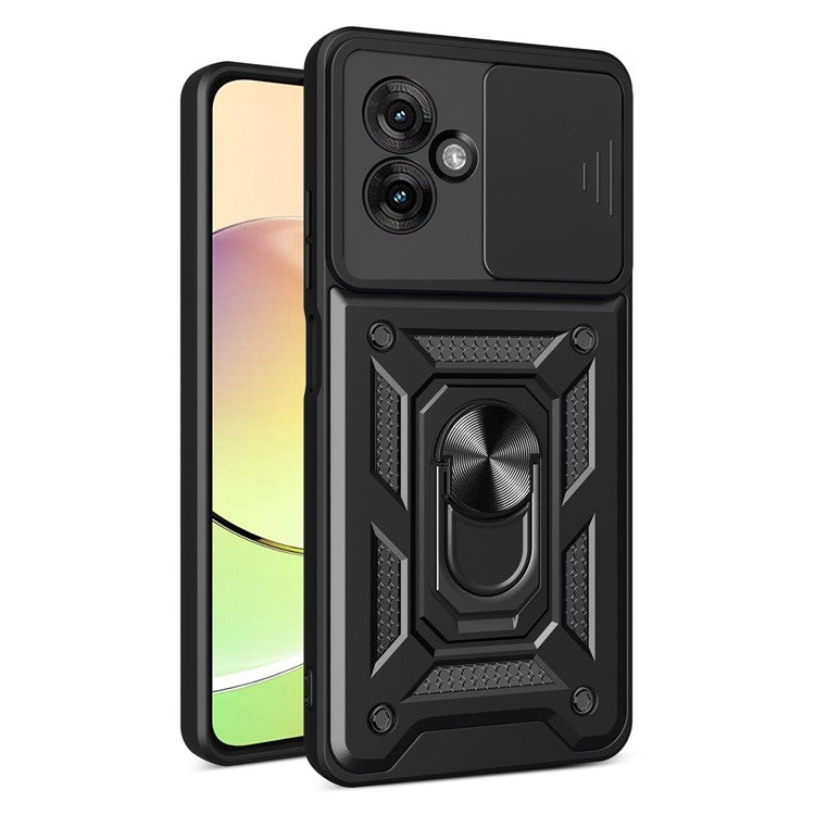 For Motorola Moto G55 5G Case with Slide Camera Lid PC+TPU Kickstand Phone Cover - Black