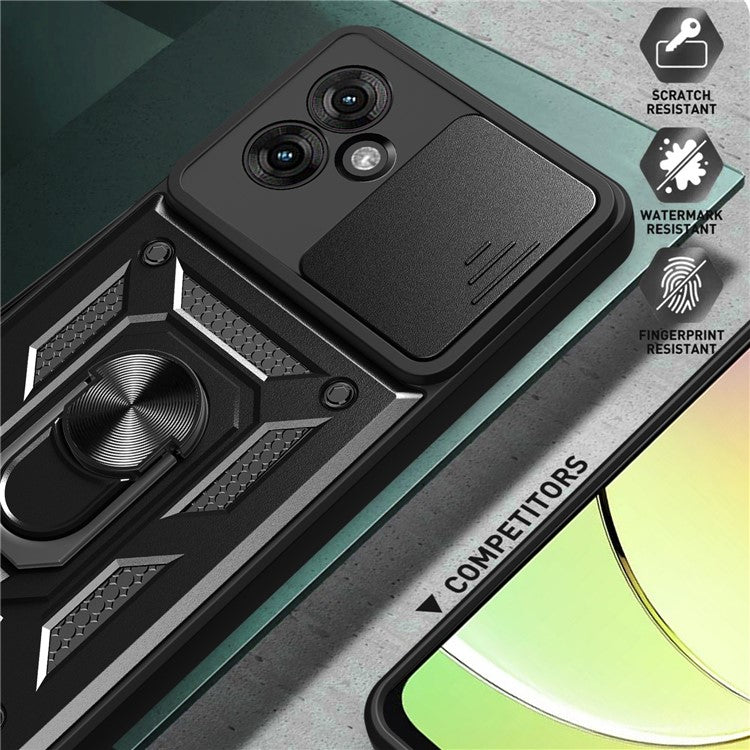 For Motorola Moto G55 5G Case with Slide Camera Lid PC+TPU Kickstand Phone Cover - Black