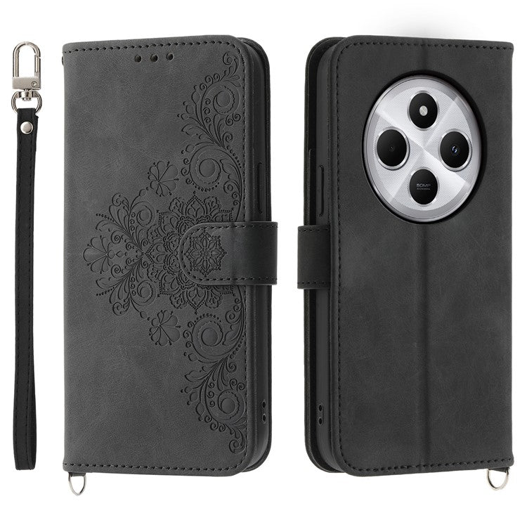 Wallet Case For Xiaomi Poco C75 4G / Redmi 14R 5G / 14C 4G Flower Pattern PU Leather Phone Cover with Strap - Black