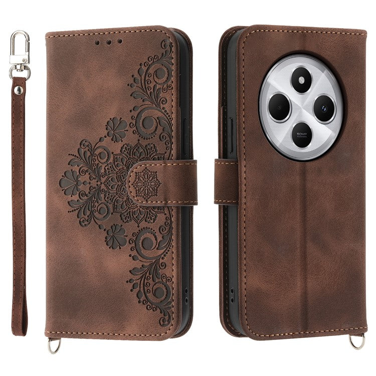 Wallet Case For Xiaomi Poco C75 4G / Redmi 14R 5G / 14C 4G Flower Pattern PU Leather Phone Cover with Strap - Brown