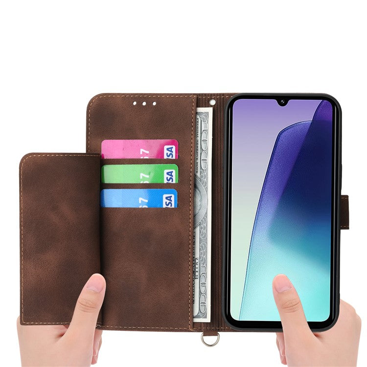 Wallet Case For Xiaomi Poco C75 4G / Redmi 14R 5G / 14C 4G Flower Pattern PU Leather Phone Cover with Strap - Brown