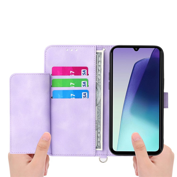 Wallet Case For Xiaomi Poco C75 4G / Redmi 14R 5G / 14C 4G Flower Pattern PU Leather Phone Cover with Strap - Light Purple