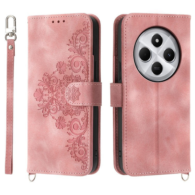 Wallet Case For Xiaomi Poco C75 4G / Redmi 14R 5G / 14C 4G Flower Pattern PU Leather Phone Cover with Strap - Pink